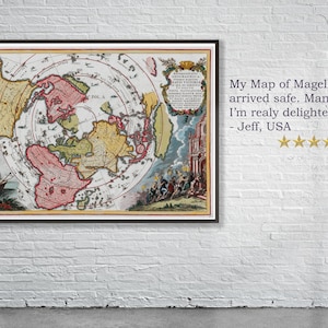 May include: A vintage map of Magellan's voyage around the world, printed in a circular format. The map is framed in a dark wood frame and features a ship sailing on the left side of the map. The map is in shades of red, yellow, and green.