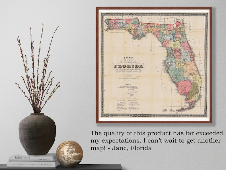 May include: A vintage map of the state of Florida, printed in color on paper. The map shows the counties of Florida and is framed in a brown wood frame.