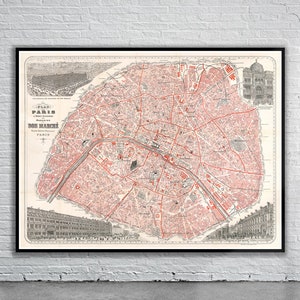 Hermoso mapa antiguo de París, Francia, 1892 / Impresión de mapas antiguos / Arte mural antiguo / Ideas de diseño de interiores
