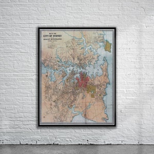 Belle carte vintage de Sydney 1890 | Impression de carte ancienne | art mural vintage | Idées de design d'intérieur