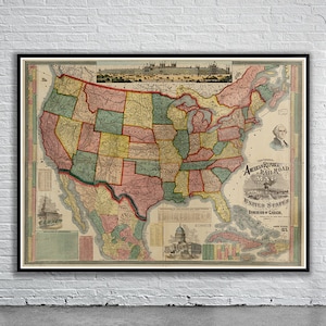 Hermoso mapa ferroviario americano vintage 1875 / Impresión de mapas antiguos / Arte de pared vintage / Ideas de diseño de interiores