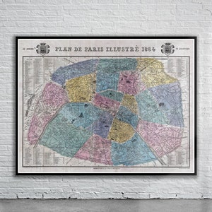 Hermoso mapa vintage de París, Francia 1864 / Impresión de mapa antiguo / Arte de pared vintage / Ideas de diseño de interiores