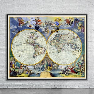 Belle carte vintage du vieux monde De Ram 1683 | Ancienne carte imprimée | Art mural vintage | Idées de décoration d'intérieur