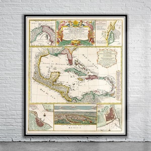 Mooie vintage kaart van Florida en de Caraïben 1740 | Oude kaart afdrukken | Vintage kunst aan de muur | Ideeën voor interieurontwerp