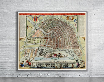 Puede incluir: Un mapa antiguo de Ámsterdam, Países Bajos, con una ilustración detallada del diseño de la ciudad y las vías fluviales circundantes. El mapa está impreso en una variedad de colores, incluidos rojo, verde, azul y amarillo, y presenta detalles intrincados de edificios, calles y canales. El mapa está titulado "Exactissima Amstelodami Veteris et Novissime delineatio per F. de Wit."