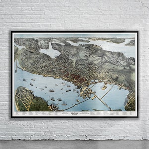 Belle vue vintage de la carte à vol d'oiseau de Seattle 1891 | Ancienne carte imprimée | Art mural vintage | Idées de décoration d'intérieur