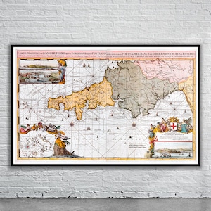 Hermoso mapa vintage del suroeste de Inglaterra 1693 / Impresión de mapa antiguo / Arte de pared vintage / Ideas de diseño de interiores