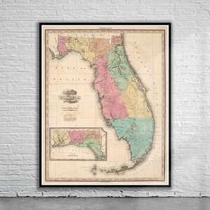 Belle carte vintage Old State de la Floride 1833 | Ancienne carte imprimée | Art mural vintage | Idées de décoration d'intérieur