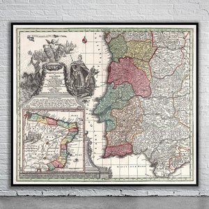 Hermoso mapa vintage de Portugal 1727 / Impresión de mapa antiguo / Arte de pared vintage / Ideas de diseño de interiores