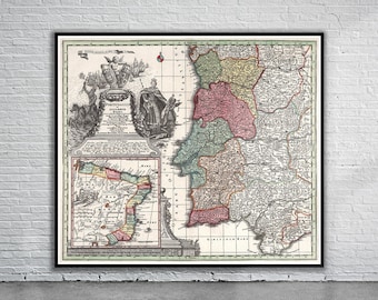 Mappa antica del Portogallo / 1727 Mattheus Seutter, inserto Brasile