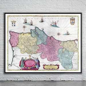 Hermoso mapa vintage de Portugal 1665 / Impresión de mapa antiguo / Arte de pared vintage / Ideas de diseño de interiores