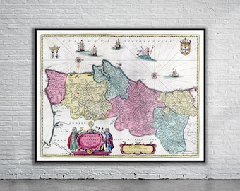 Mappa antica del Portogallo di Blaeu del 1665 / Stampa artistica vintage da parete