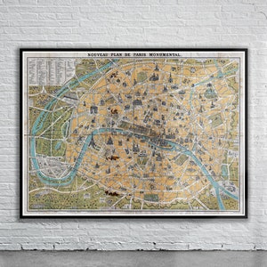 Hermoso mapa vintage de París, Francia 1890 / Impresión de mapa antiguo / Arte de pared vintage / Ideas de diseño de interiores