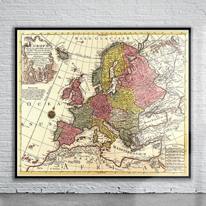 Belle carte vintage de l'Europe 1760 | Impression de carte ancienne | art mural vintage | Idées de design d'intérieur