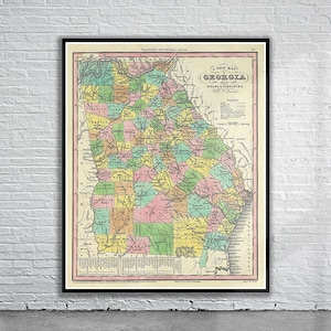 Belle ancienne carte vintage de l'État de Géorgie 1833 | Ancienne carte imprimée | Art mural vintage | Idées de décoration d'intérieur
