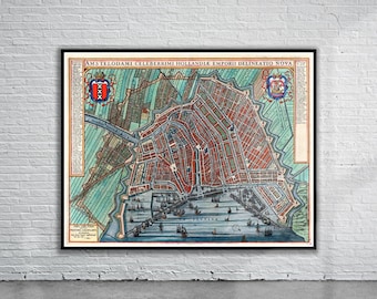 May include: A vintage map of Amsterdam, Netherlands, with the title "AMSTELODAMI CELEBRRIMI HOLLANDÆ EMPORII DELINEATIO NOVA". The map shows the city's canals, streets, and buildings in detail. The map is printed in black, red, blue, and green ink on a white background.