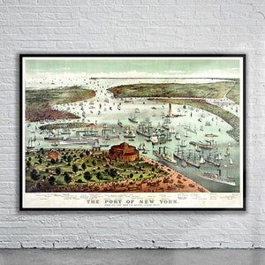 Belle vue vintage de la carte à vol d'oiseau de New York 1890 | Ancienne carte imprimée | Art mural vintage | Idées de décoration d'intérieur