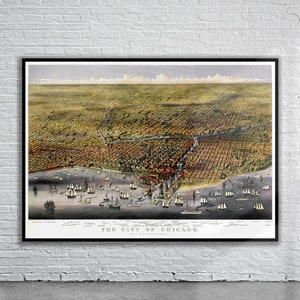 Belle vue vintage à vol d’oiseau de Chicago 1874 | Ancienne carte imprimée | art mural vintage | Idées de design d'intérieur
