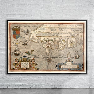 Belle carte vintage des Cornouailles 1586 | Ancienne carte imprimée | Art mural vintage | Idées de décoration d'intérieur