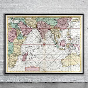 Hermoso mapa vintage del Océano Índico 1724 / Impresión de mapa antiguo / Arte de pared vintage / Ideas de diseño de interiores