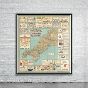 Belle carte touristique vintage de Cornouailles 1928 | Ancienne carte imprimée | art mural vintage | Idées de design d'intérieur