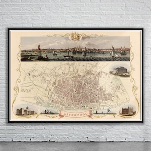 Belle carte vintage de Liverpool 1851 | Ancienne carte imprimée | Art mural vintage | Idées de décoration d'intérieur