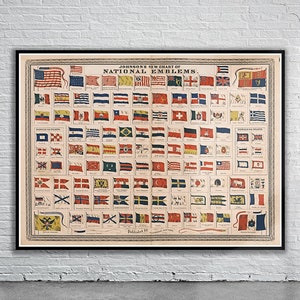 Hermosa impresión vintage de banderas del mundo de 1869 / Impresión de mapas antiguos / Arte mural vintage / Ideas de diseño de interiores