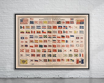 Vintage Antique Print of Flags of the World 1869 | Old Map Print | Vintage Wall Art | Interior Design Ideas | House Gift