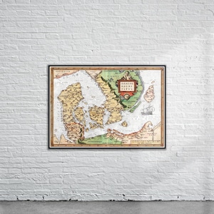 Belle carte vintage du Danemark 1570 | Ancienne carte imprimée | Art mural vintage | Idées de décoration d'intérieur