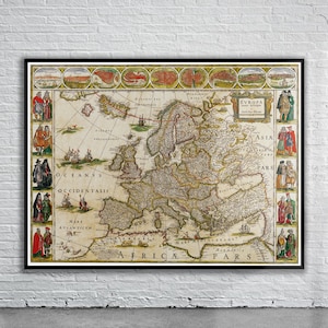 Mooie vintage kaart van Europa 1650 | Oude kaart afdrukken | Vintage kunst aan de muur | Ideeën voor interieurontwerp