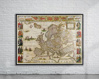 Puede incluir: Un mapa antiguo de Europa, impreso en papel con fondo crema. El mapa está enmarcado en negro y presenta una representación detallada del continente con varios países y regiones etiquetados en una fuente cursiva. El mapa está rodeado por un borde decorativo con pequeñas ilustraciones de personas con diversos trajes.