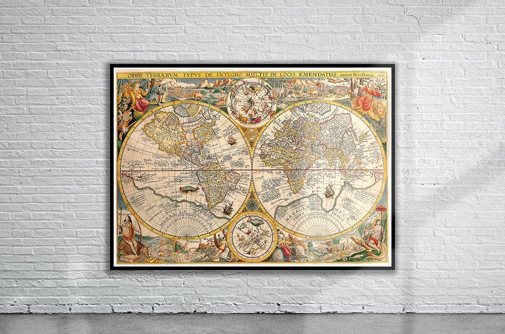 アンティーク ドイツ ローゼル 1641年の世界地図復刻 四元素 版画風印刷紙 アンティーク ドイツ ローゼル 1641年の世界地図復刻 四元素