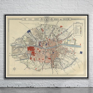 Belle carte vintage de Dublin, Irlande 1925 | Ancienne carte imprimée | Art mural vintage | Idées de décoration d'intérieur