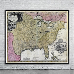 Belle carte vintage de l'Amérique du Nord 1720 | Ancienne carte imprimée | Art mural vintage | Idées de décoration d'intérieur