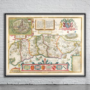 Belle carte vintage du Sussex, Angleterre | Ancienne carte imprimée | Art mural vintage | Idées de décoration d'intérieur