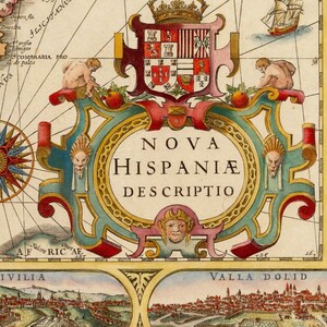 May include: A vintage map of Nova Hispania, a region in Mexico, with a compass rose, a coat of arms, and illustrations of people in traditional clothing. The map is surrounded by a decorative border with ornate details.