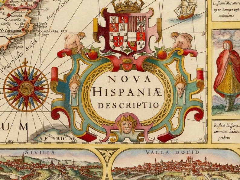 May include: A vintage map of Nova Hispania, a region in Mexico, with a compass rose, a coat of arms, and illustrations of people in traditional clothing. The map is surrounded by a decorative border with ornate details.