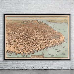 Belle vue vintage de la carte à vol d'oiseau de San Francisco 1912 | Ancienne carte imprimée | Art mural vintage | Idées de décoration d'intérieur