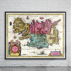 Belle carte vintage de l'Islande 1665 | Ancienne carte imprimée | Art mural vintage | Idées de décoration d'intérieur