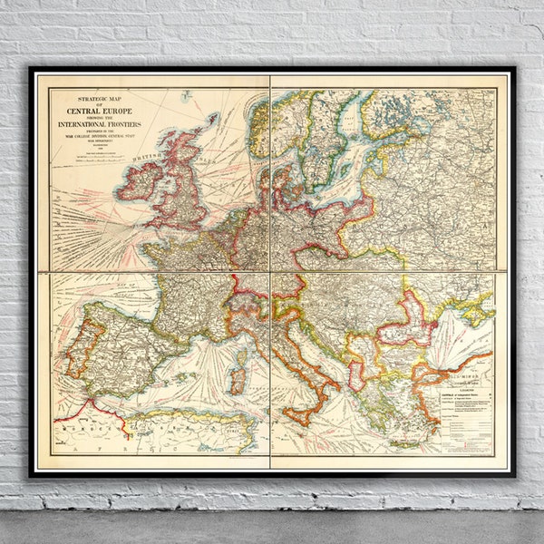 Hermoso mapa de guerra vintage de Europa 1915 / Impresión de mapas antiguos / Arte de pared vintage / Ideas de diseño de interiores