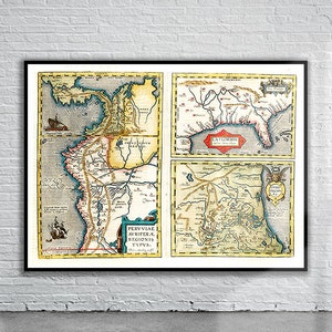 Mooie vintage kaart van Florida 1584 | Oude kaart afdrukken | Vintage kunst aan de muur | Ideeën voor interieurontwerp