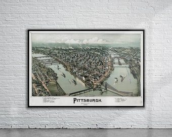 Beautiful Vintage Birdseye View of Pittsburgh 1902 | Old Map Print | Vintage Wall Art | Interior Design Ideas