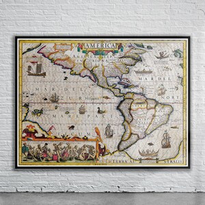 Hermoso mapa vintage de las Américas 1619 / Impresión de mapa antiguo / Arte de pared vintage / Ideas de diseño de interiores
