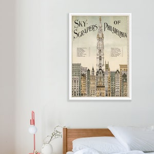 May include: A vintage illustration of the Philadelphia skyline, featuring the iconic City Hall building and surrounding skyscrapers. The title "Sky-Scrapers of Philadelphia" is printed at the top of the image.