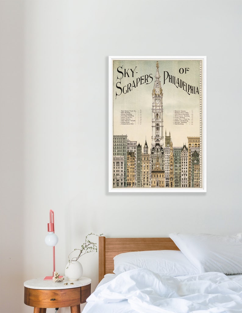 May include: A vintage illustration of the Philadelphia skyline, featuring the iconic City Hall building and surrounding skyscrapers. The title "Sky-Scrapers of Philadelphia" is printed at the top of the image.