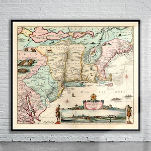 Mooie vintage kaart van New England 1673 | Oude kaart afdrukken | Vintage kunst aan de muur | Ideeën voor interieurontwerp