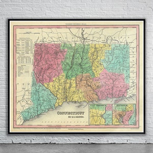 Belle ancienne carte vintage du Connecticut, 1833 | Ancienne carte imprimée | Art mural vintage | Idées de décoration d'intérieur