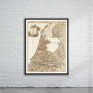 Belle carte vintage des Pays-Bas 1690 | Ancienne carte imprimée | Art mural vintage | Idées de décoration d'intérieur