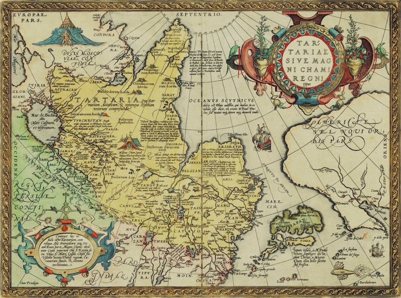 May include: An antique map of Tartaria, a historical region in Asia, with detailed borders and text in Latin. The map is framed in gold and features a compass rose and a decorative cartouche with the text "Tartariae sive Magni Chami Regni".