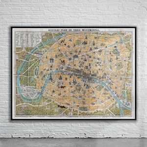 Belle carte vintage de Paris, France 1890 | Ancienne carte imprimée | Art mural vintage | Idées de décoration d'intérieur